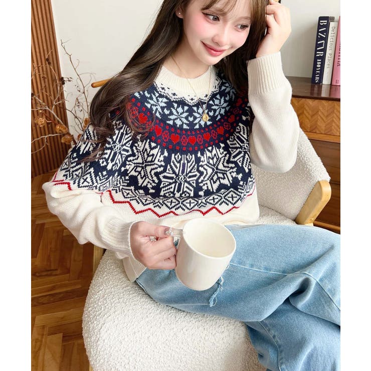 スノーノルディック柄求心Wジャガードニットプルオーバー（ノルディックセーター） | moment+ | 詳細画像4 