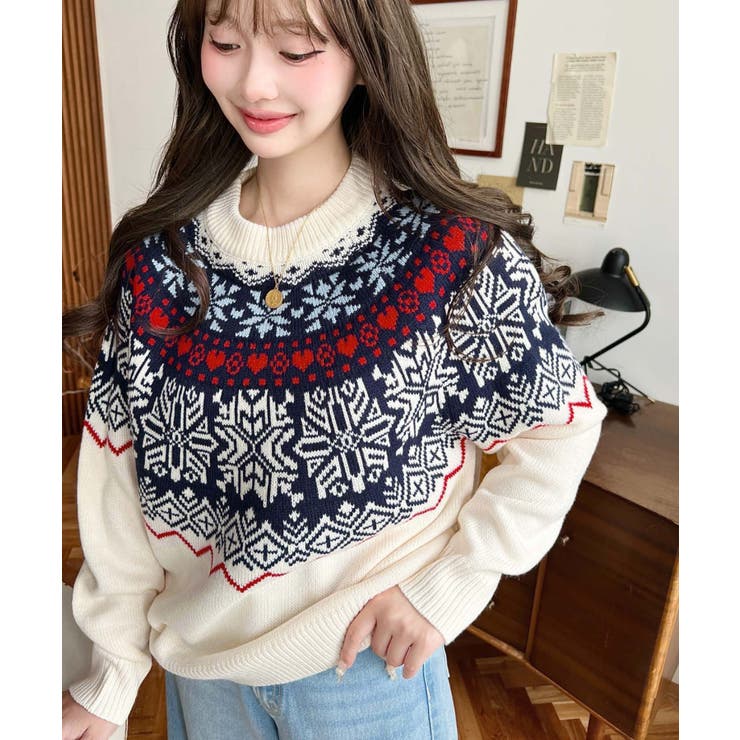 スノーノルディック柄求心Wジャガードニットプルオーバー（ノルディックセーター） | moment+ | 詳細画像5 