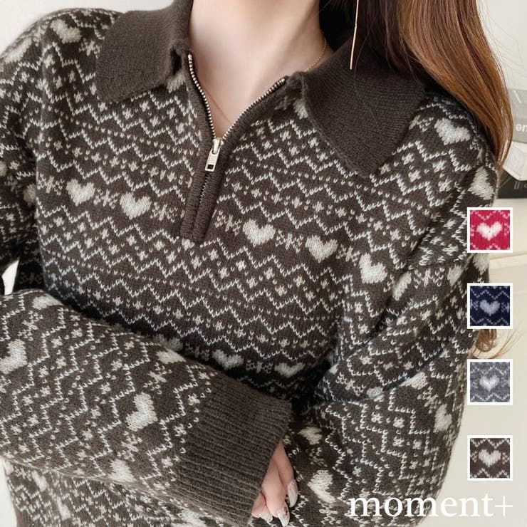 ノルディック柄ダブルジャガードハーフジップポロニットプルオーバー | moment+ | 詳細画像1 