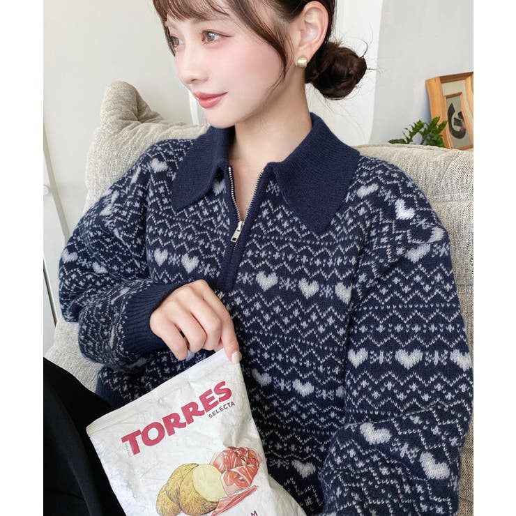 ノルディック柄ダブルジャガードハーフジップポロニットプルオーバー | moment+ | 詳細画像11 