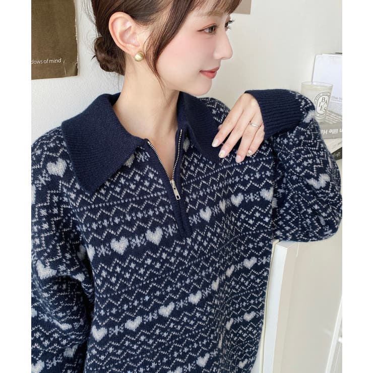 ノルディック柄ダブルジャガードハーフジップポロニットプルオーバー | moment+ | 詳細画像12 