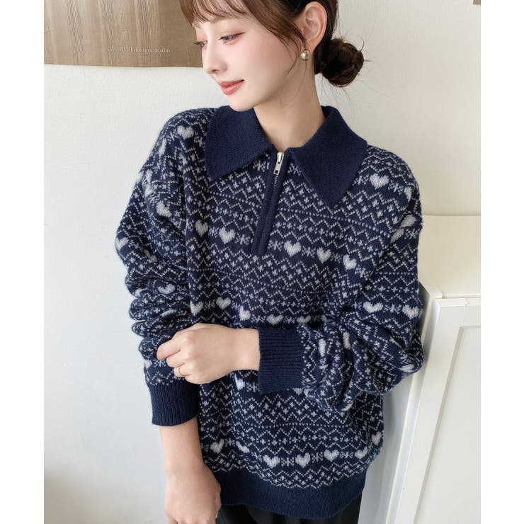 ノルディック柄ダブルジャガードハーフジップポロニットプルオーバー | moment+ | 詳細画像14 