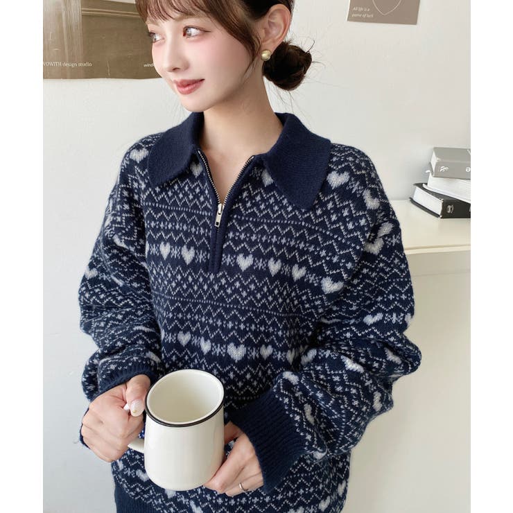 ノルディック柄ダブルジャガードハーフジップポロニットプルオーバー | moment+ | 詳細画像15 