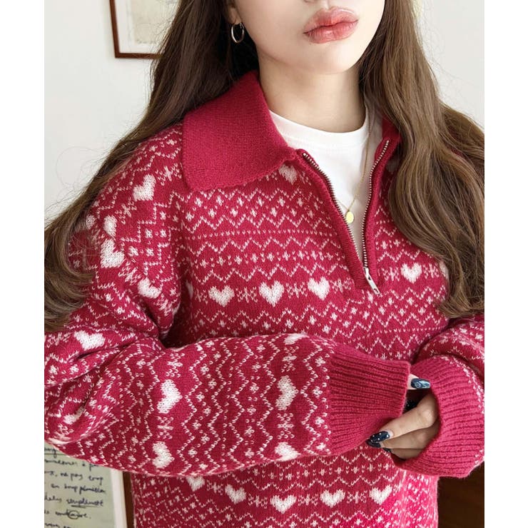 ノルディック柄ダブルジャガードハーフジップポロニットプルオーバー | moment+ | 詳細画像16 