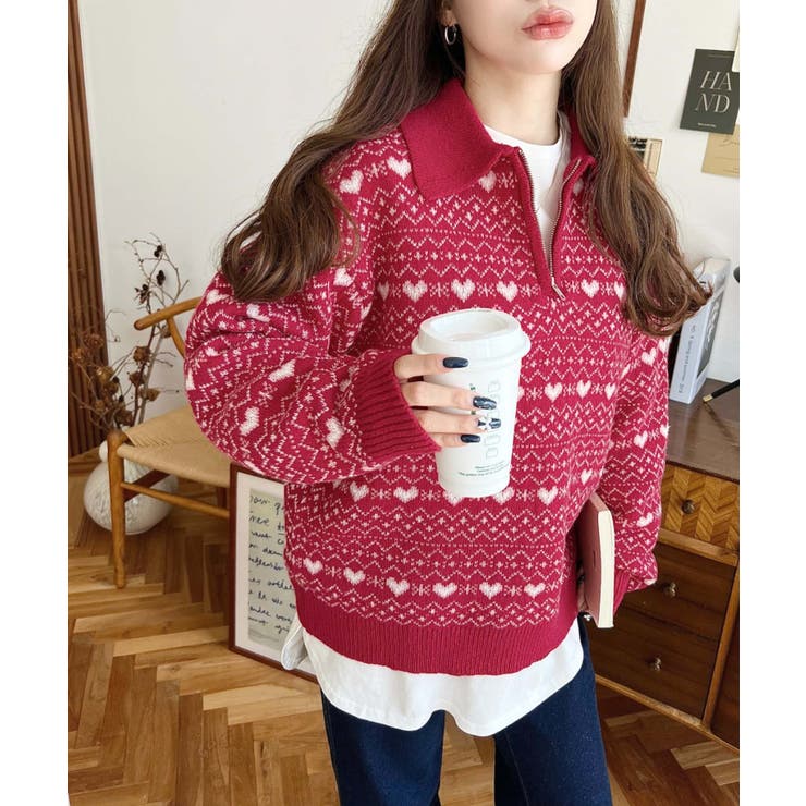 ノルディック柄ダブルジャガードハーフジップポロニットプルオーバー | moment+ | 詳細画像17 