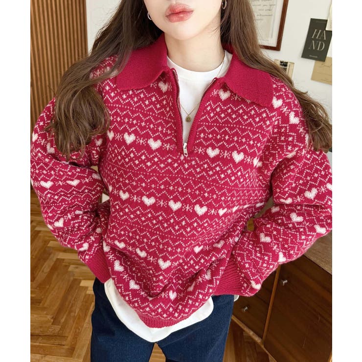 ノルディック柄ダブルジャガードハーフジップポロニットプルオーバー | moment+ | 詳細画像18 