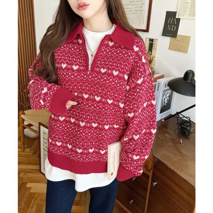 ノルディック柄ダブルジャガードハーフジップポロニットプルオーバー | moment+ | 詳細画像19 