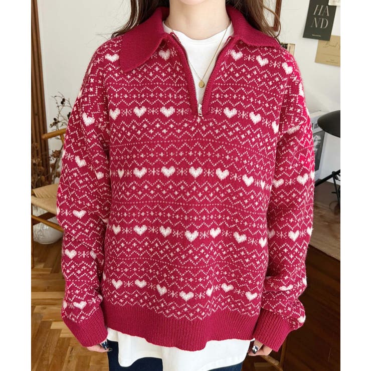 ノルディック柄ダブルジャガードハーフジップポロニットプルオーバー | moment+ | 詳細画像20 