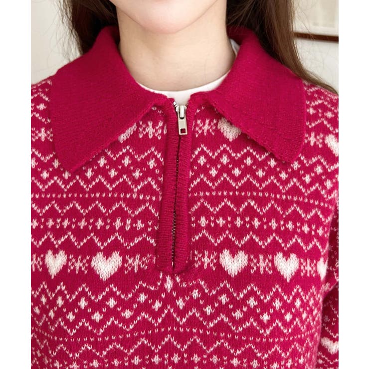 ノルディック柄ダブルジャガードハーフジップポロニットプルオーバー | moment+ | 詳細画像22 