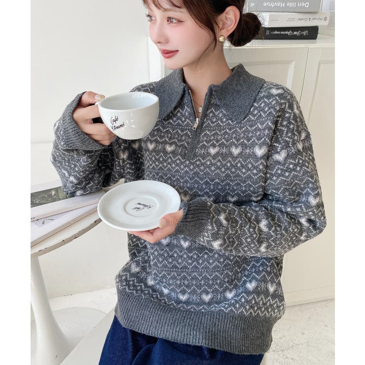 ノルディック柄ダブルジャガードハーフジップポロニットプルオーバー | moment+ | 詳細画像3 