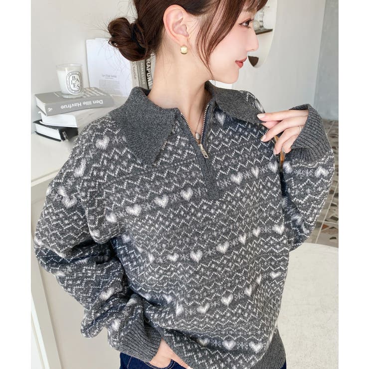 ノルディック柄ダブルジャガードハーフジップポロニットプルオーバー | moment+ | 詳細画像5 