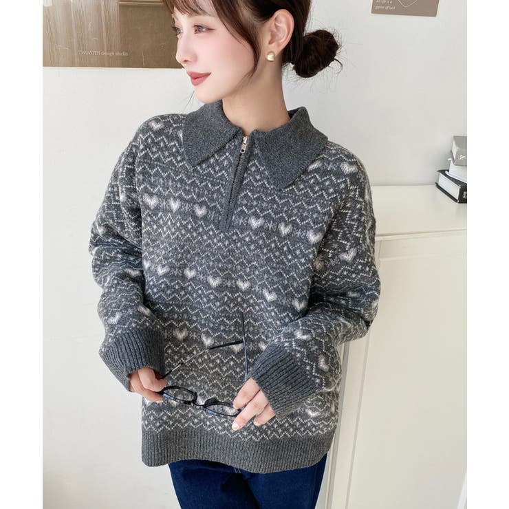 ノルディック柄ダブルジャガードハーフジップポロニットプルオーバー | moment+ | 詳細画像6 