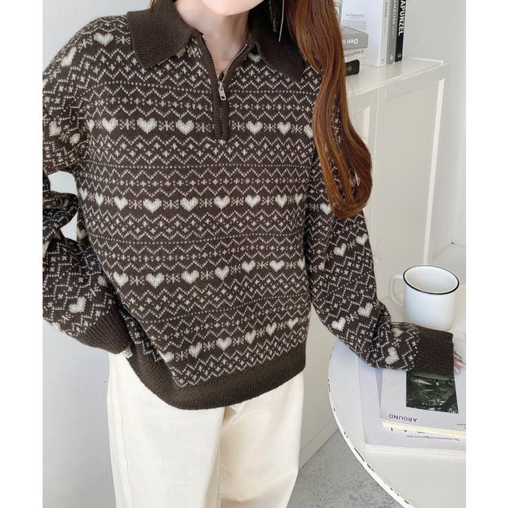 ノルディック柄ダブルジャガードハーフジップポロニットプルオーバー | moment+ | 詳細画像8 