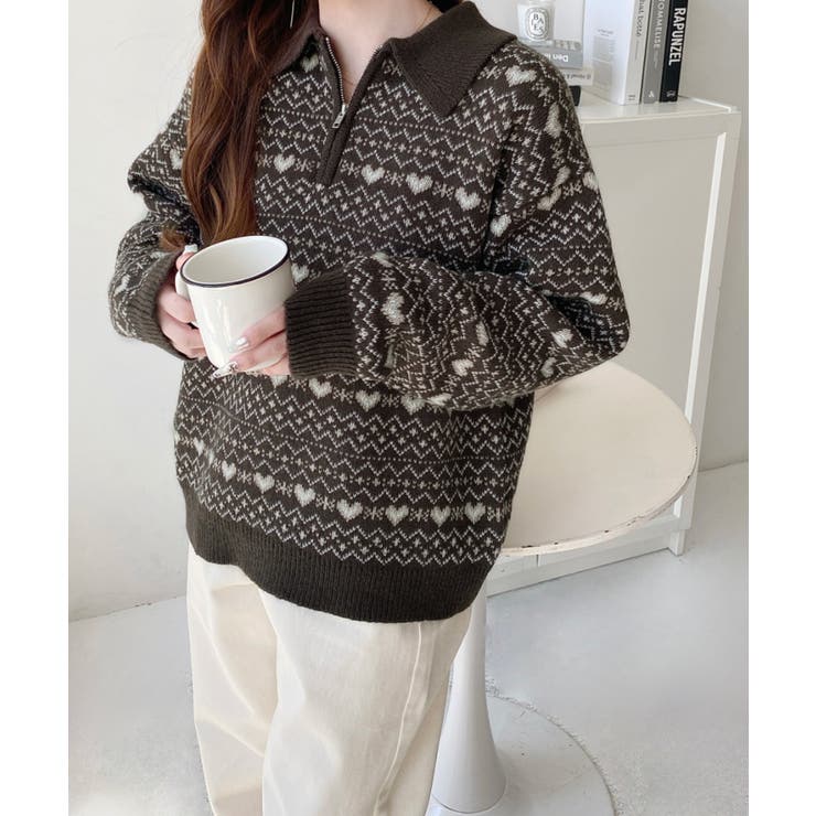 ノルディック柄ダブルジャガードハーフジップポロニットプルオーバー | moment+ | 詳細画像9 