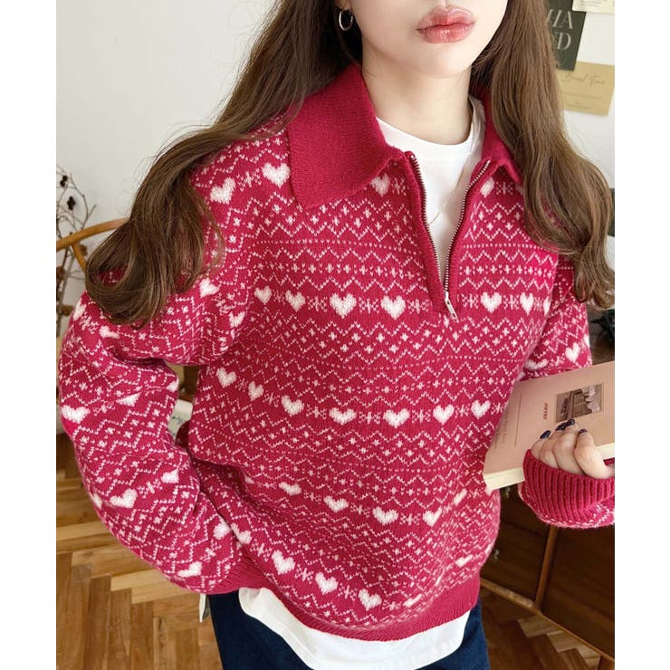 レッド | ノルディック柄ダブルジャガードハーフジップポロニットプルオーバー | moment+