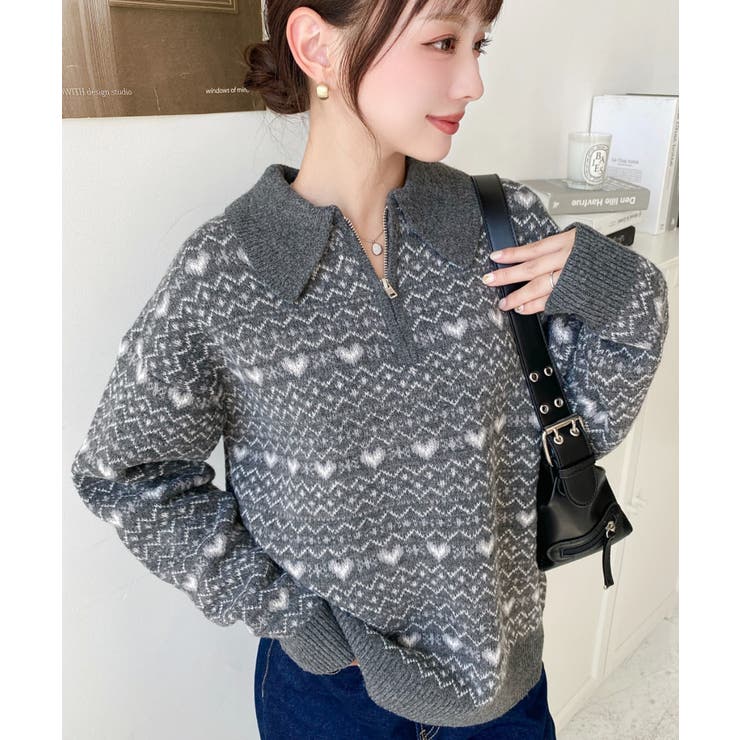 チャコールグレー | ノルディック柄ダブルジャガードハーフジップポロニットプルオーバー | moment+