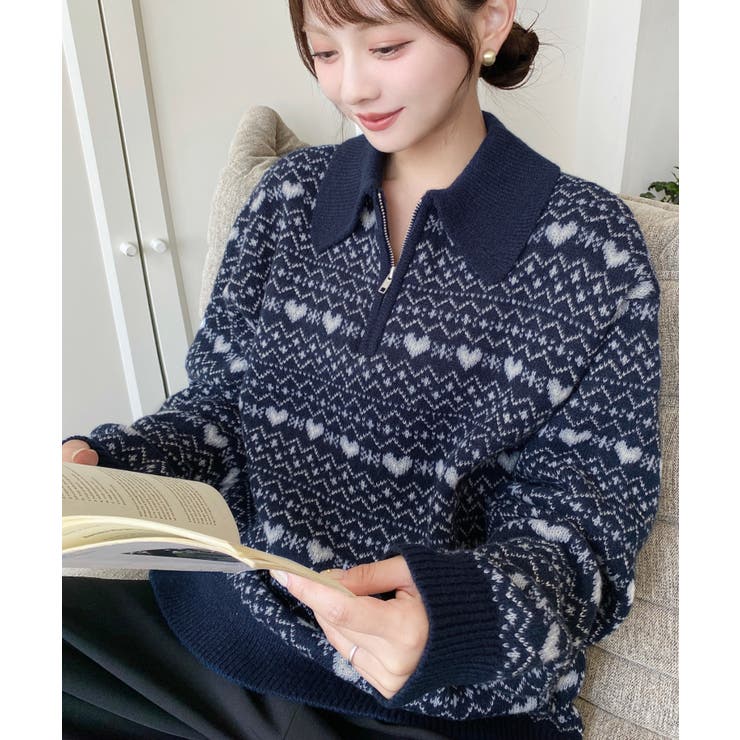 ネイビー | ノルディック柄ダブルジャガードハーフジップポロニットプルオーバー | moment+