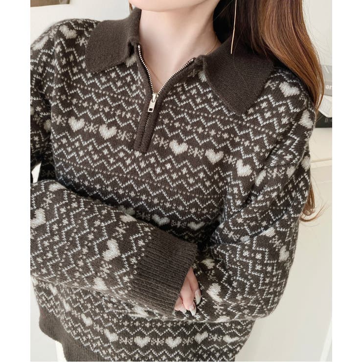 ブラウン | ノルディック柄ダブルジャガードハーフジップポロニットプルオーバー | moment+