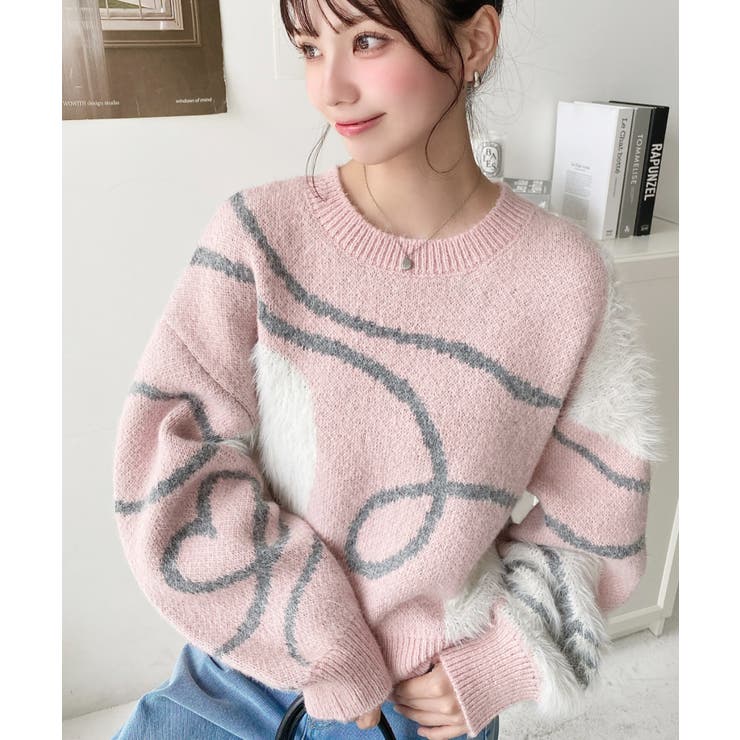 ピンク | ニュアンスハートジャガードニットプルオーバー | moment+