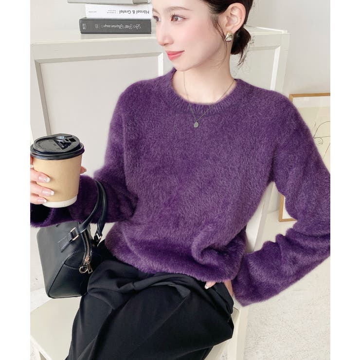 パープル | クールネックショート丈シャギーニットプルオーバー | moment+