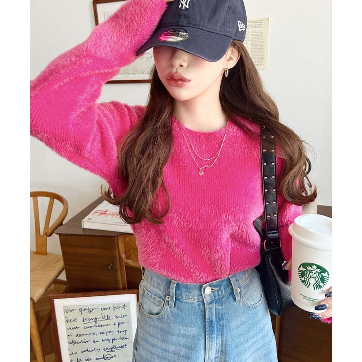 ピンク | クールネックショート丈シャギーニットプルオーバー | moment+