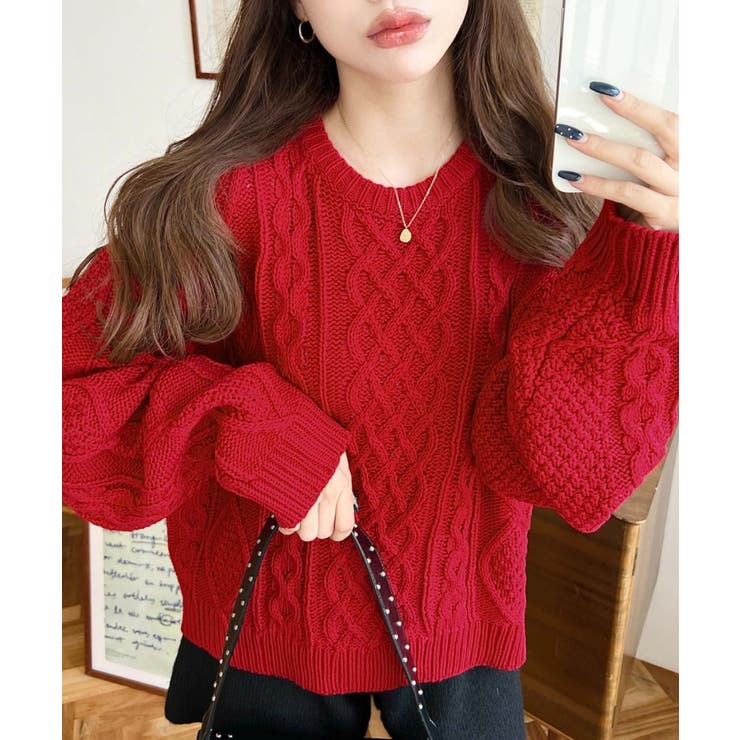 レッド | ケーブルニットプルオーバー | moment+