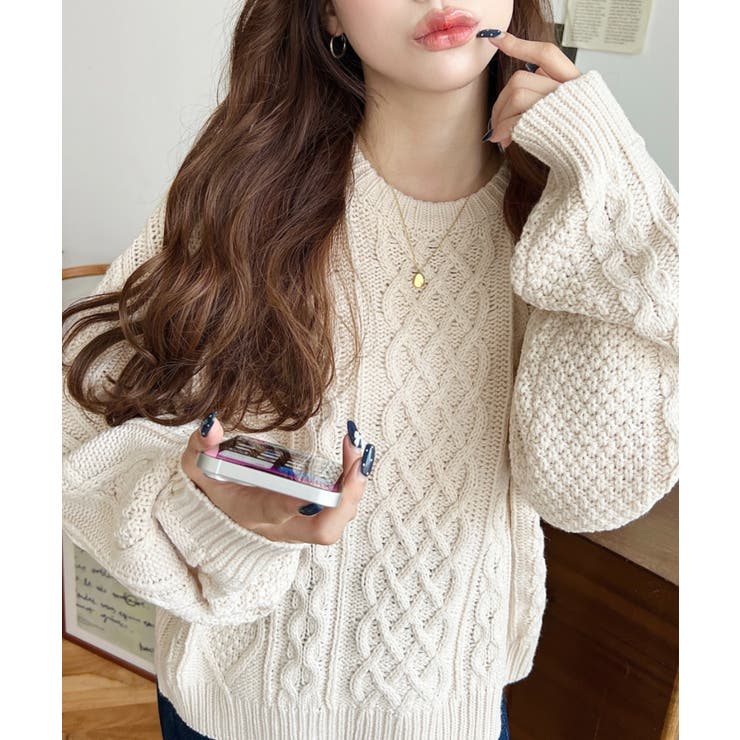 【美品】 イエナ ミドルゲージケーブルクループルオーバー ニット ケーブルニット ケーブル編みボリュームルーズプルオーバーニット MONO-MART