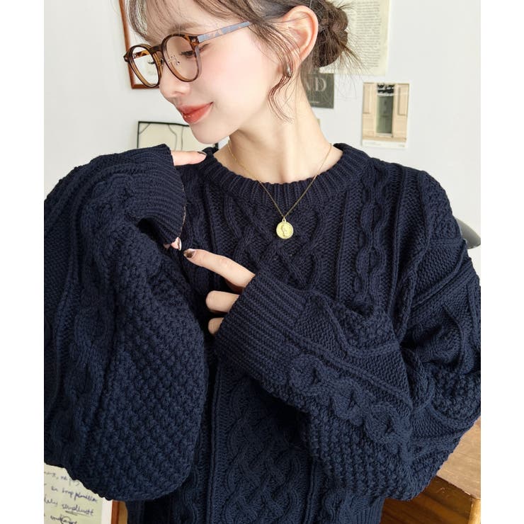 ネイビー | ケーブルニットプルオーバー | moment+