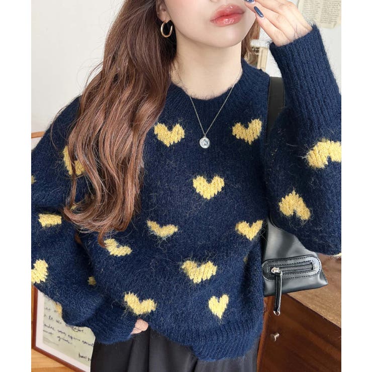ネイビー | ハート柄フェザーニットプルオーバーWジャガード | moment+
