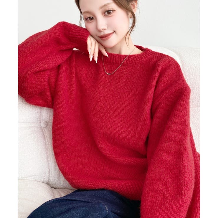 レッド | ＼13色展開♪／モヘアライクベーシックニットプルオーバー | moment+