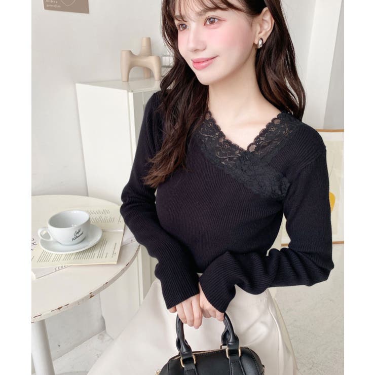 レーストリムアシンメトリーネックインナーニット長袖プルオーバー | moment+ | 詳細画像12 