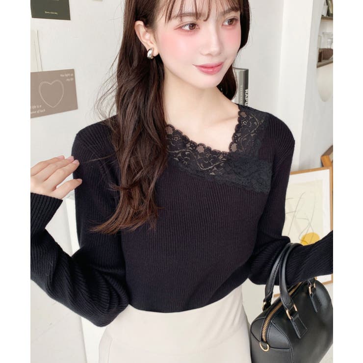 レーストリムアシンメトリーネックインナーニット長袖プルオーバー | moment+ | 詳細画像15 