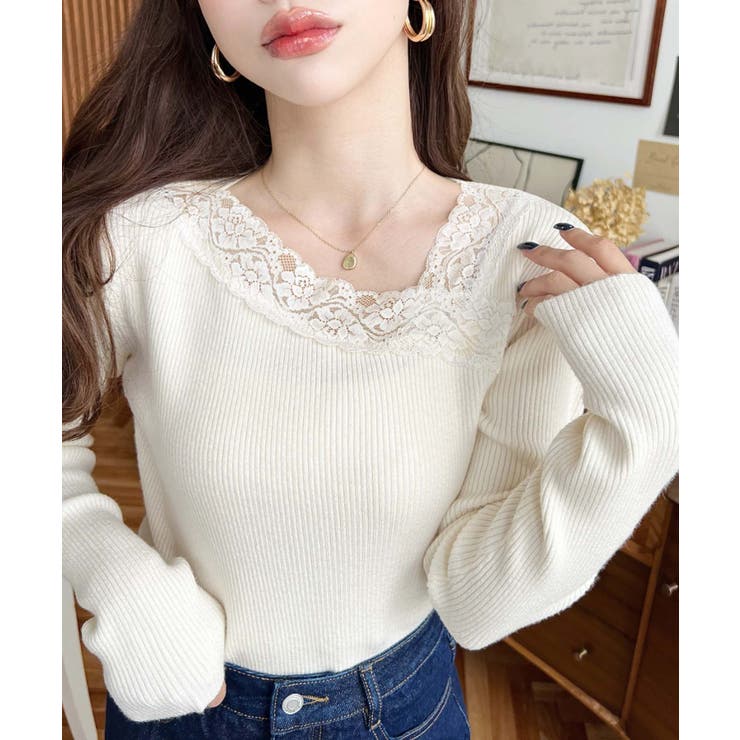 レーストリムアシンメトリーネックインナーニット長袖プルオーバー | moment+ | 詳細画像2 