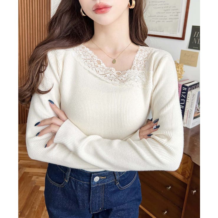 レーストリムアシンメトリーネックインナーニット長袖プルオーバー | moment+ | 詳細画像4 