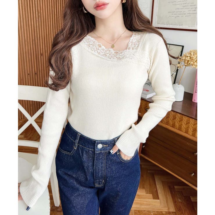 レーストリムアシンメトリーネックインナーニット長袖プルオーバー