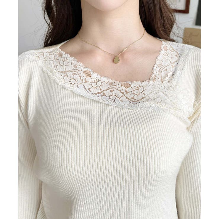 レーストリムアシンメトリーネックインナーニット長袖プルオーバー | moment+ | 詳細画像6 