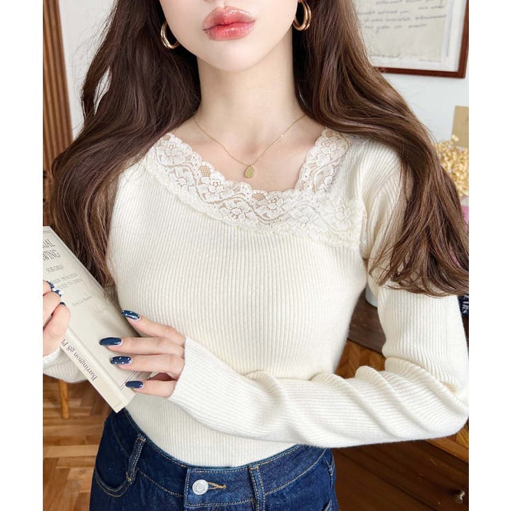 アイボリー | レーストリムアシンメトリーネックインナーニット長袖プルオーバー | moment+