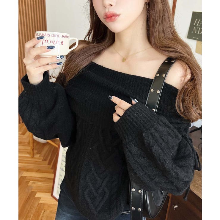 ハートケーブルドロストリボンオフショルニット長袖プルオーバー | moment+ | 詳細画像10 