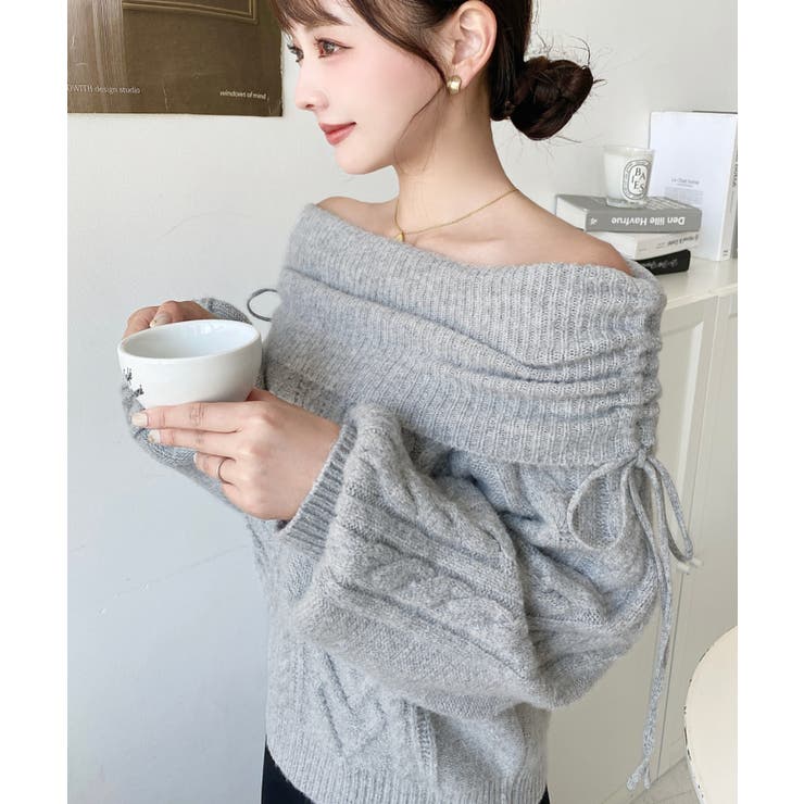 ハートケーブルドロストリボンオフショルニット長袖プルオーバー | moment+ | 詳細画像12 