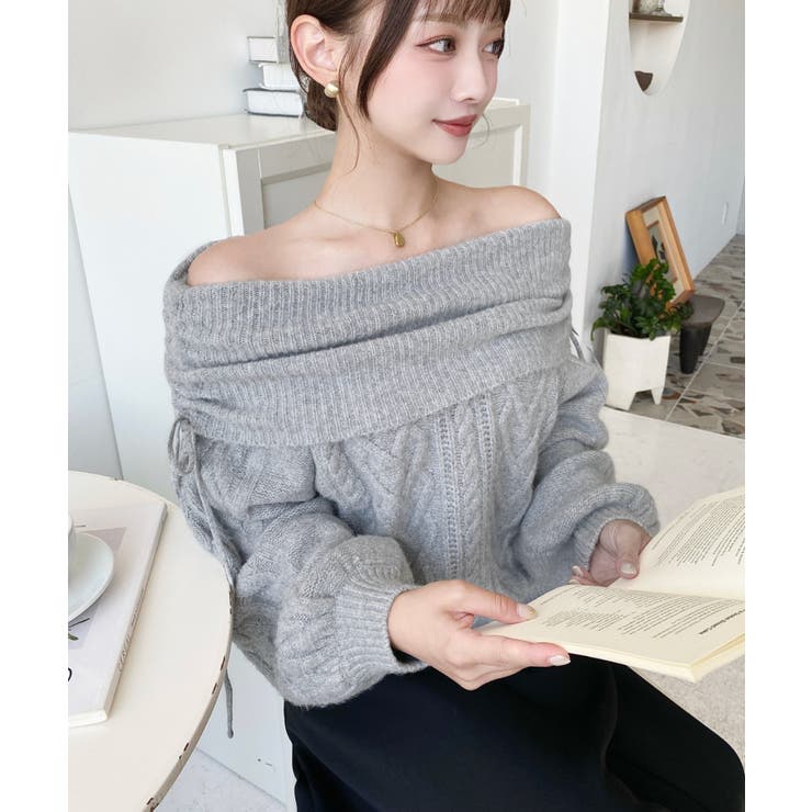 ハートケーブルドロストリボンオフショルニット長袖プルオーバー | moment+ | 詳細画像13 