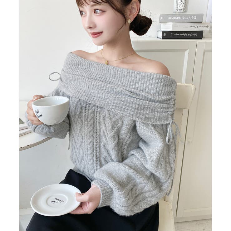 ハートケーブルドロストリボンオフショルニット長袖プルオーバー | moment+ | 詳細画像15 