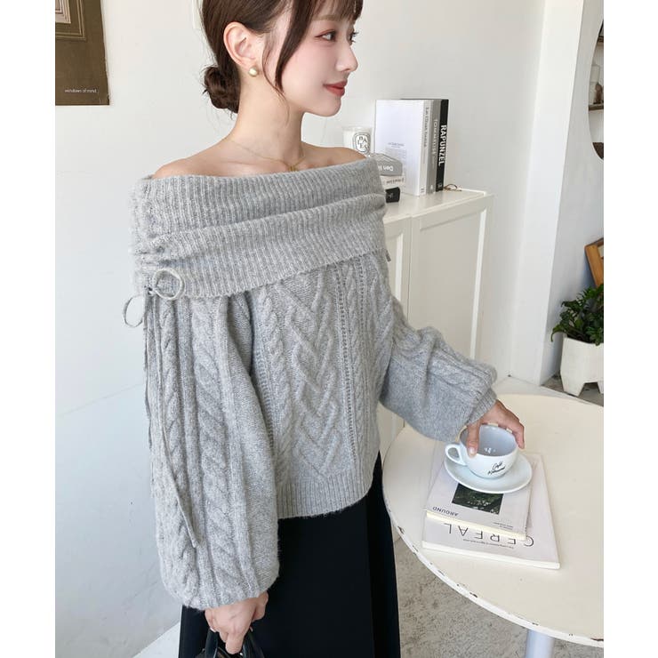 ハートケーブルドロストリボンオフショルニット長袖プルオーバー | moment+ | 詳細画像16 