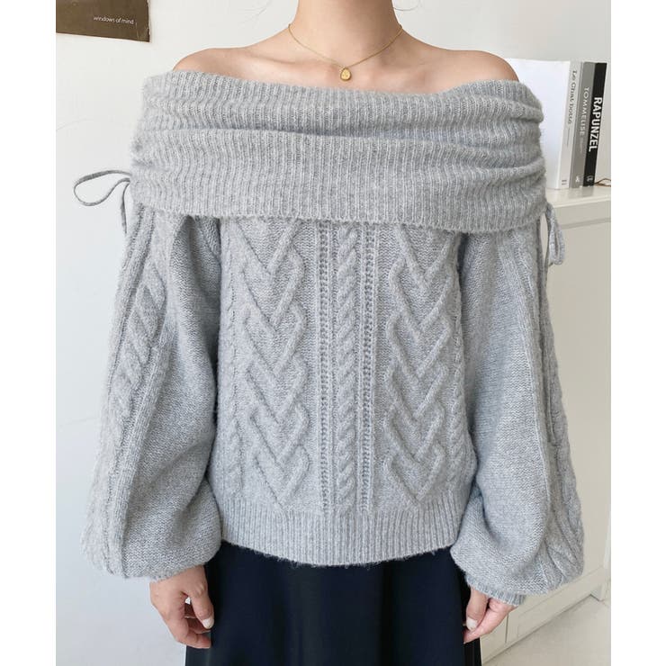 ハートケーブルドロストリボンオフショルニット長袖プルオーバー | moment+ | 詳細画像17 