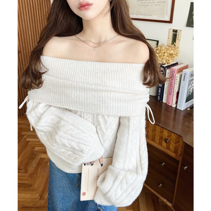 ハートケーブルドロストリボンオフショルニット長袖プルオーバー | moment+ | 詳細画像2 