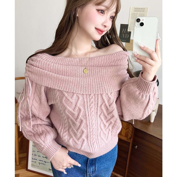 ハートケーブルドロストリボンオフショルニット長袖プルオーバー | moment+ | 詳細画像24 