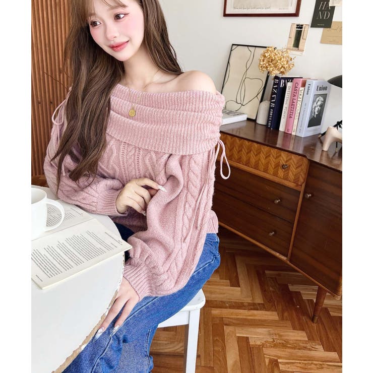 ハートケーブルドロストリボンオフショルニット長袖プルオーバー | moment+ | 詳細画像26 