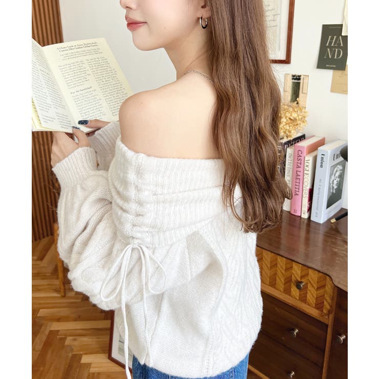 ハートケーブルドロストリボンオフショルニット長袖プルオーバー | moment+ | 詳細画像3 