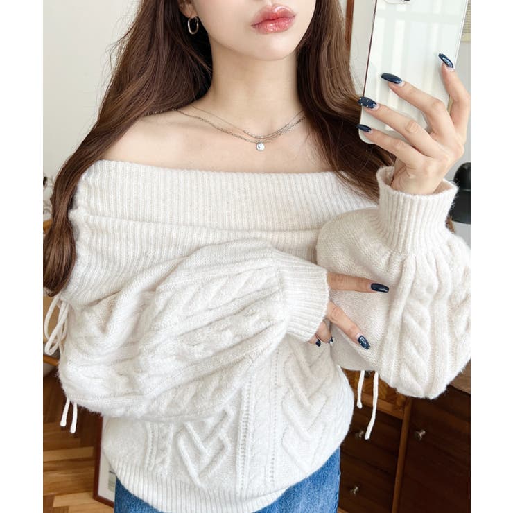 ハートケーブルドロストリボンオフショルニット長袖プルオーバー | moment+ | 詳細画像4 