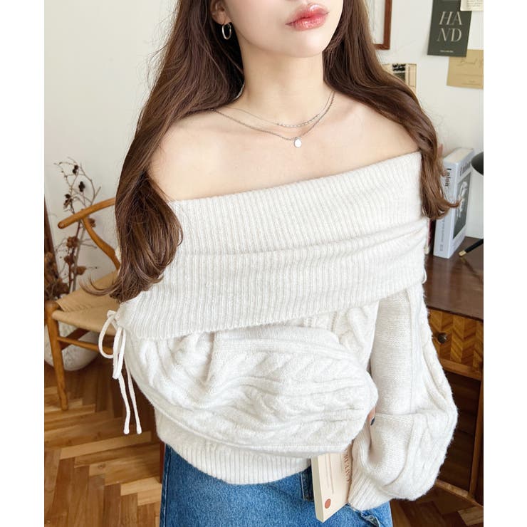 ハートケーブルドロストリボンオフショルニット長袖プルオーバー | moment+ | 詳細画像5 