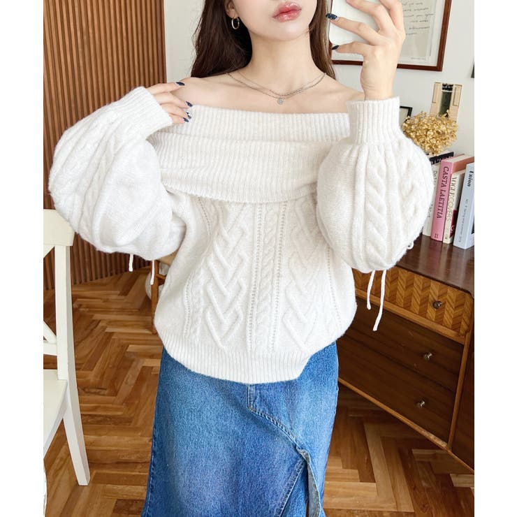 ハートケーブルドロストリボンオフショルニット長袖プルオーバー | moment+ | 詳細画像6 